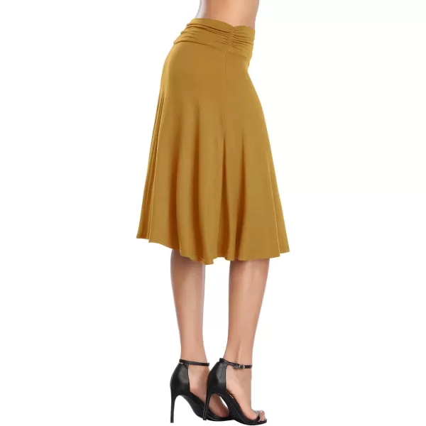 Urban CoCo Womens Ruched High Waist Knee Length Jersey ALine Stretchy Flared Casual SkirtDeep Camel