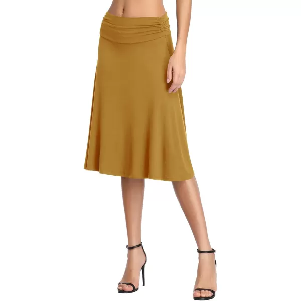 Urban CoCo Womens Ruched High Waist Knee Length Jersey ALine Stretchy Flared Casual SkirtDeep Camel