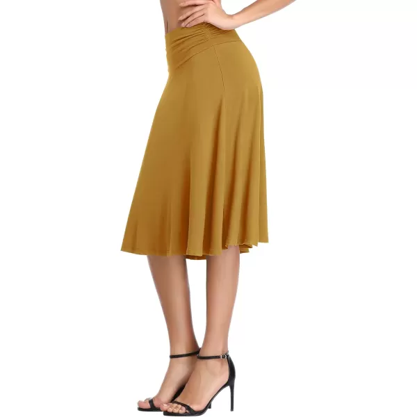 Urban CoCo Womens Ruched High Waist Knee Length Jersey ALine Stretchy Flared Casual SkirtDeep Camel