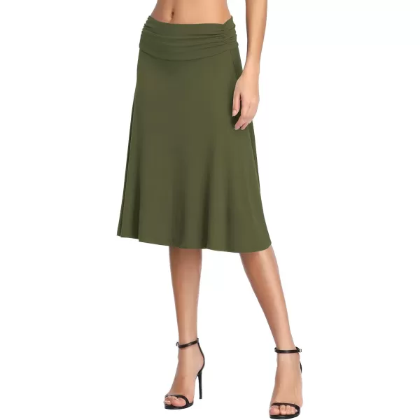 Urban CoCo Womens Ruched High Waist Knee Length Jersey ALine Stretchy Flared Casual SkirtGreen