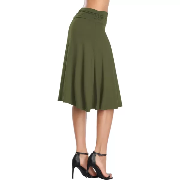 Urban CoCo Womens Ruched High Waist Knee Length Jersey ALine Stretchy Flared Casual SkirtGreen