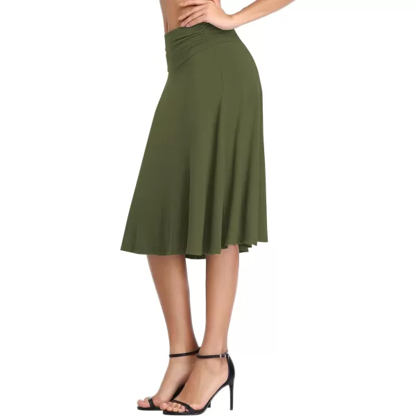 Urban CoCo Womens Ruched High Waist Knee Length Jersey ALine Stretchy Flared Casual SkirtGreen