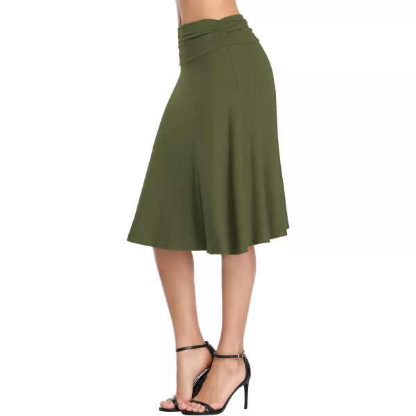 Urban CoCo Womens Ruched High Waist Knee Length Jersey ALine Stretchy Flared Casual SkirtGreen