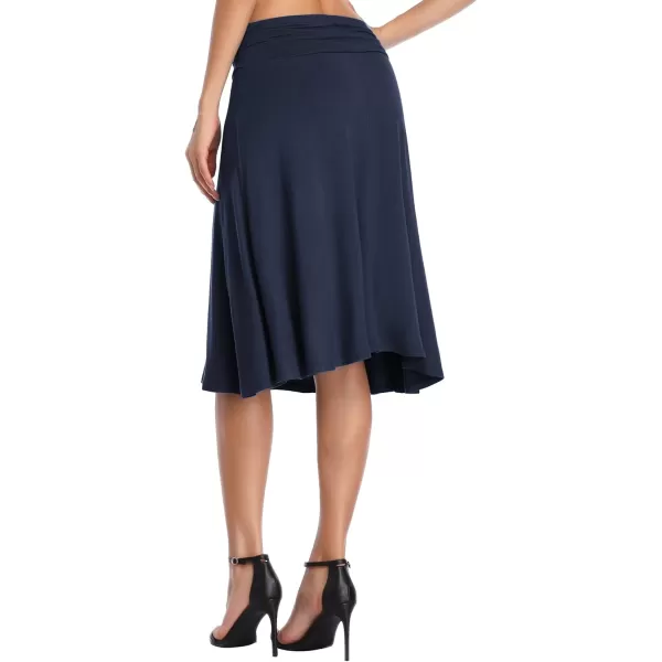 Urban CoCo Womens Ruched High Waist Knee Length Jersey ALine Stretchy Flared Casual SkirtNavy Blue
