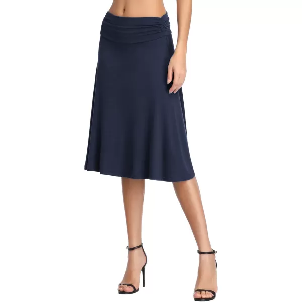 Urban CoCo Womens Ruched High Waist Knee Length Jersey ALine Stretchy Flared Casual SkirtNavy Blue