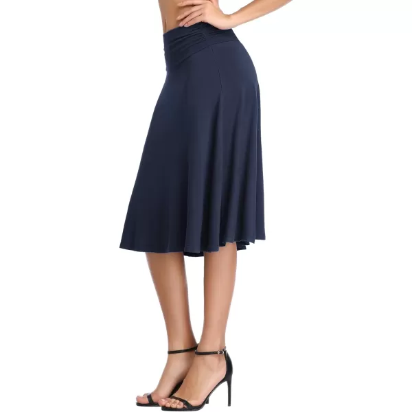 Urban CoCo Womens Ruched High Waist Knee Length Jersey ALine Stretchy Flared Casual SkirtNavy Blue