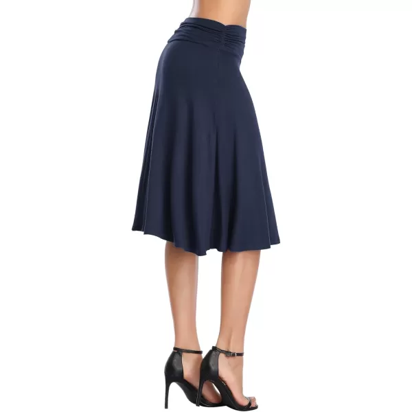 Urban CoCo Womens Ruched High Waist Knee Length Jersey ALine Stretchy Flared Casual SkirtNavy Blue