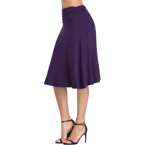 Urban CoCo Womens Ruched High Waist Knee Length Jersey ALine Stretchy Flared Casual SkirtPurple