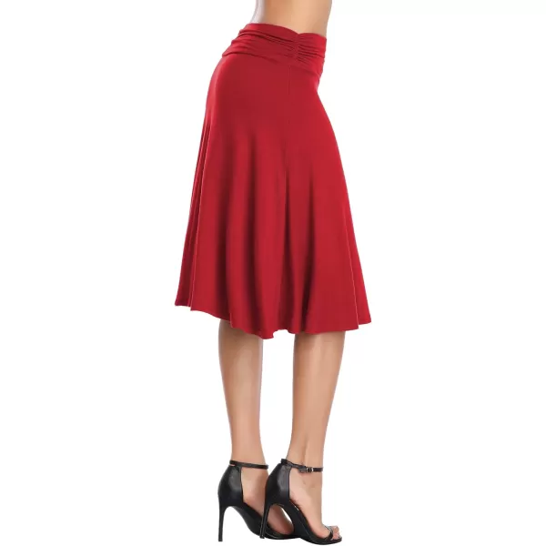 Urban CoCo Womens Ruched High Waist Knee Length Jersey ALine Stretchy Flared Casual SkirtRed