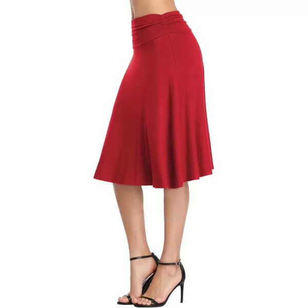 Urban CoCo Womens Ruched High Waist Knee Length Jersey ALine Stretchy Flared Casual SkirtRed