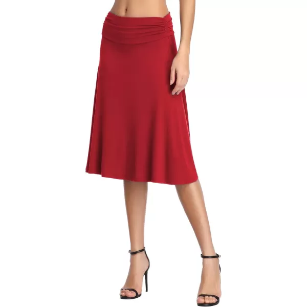 Urban CoCo Womens Ruched High Waist Knee Length Jersey ALine Stretchy Flared Casual SkirtRed