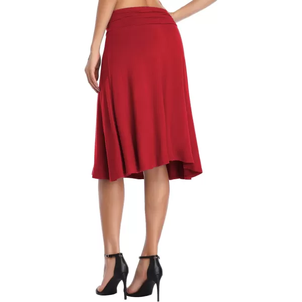 Urban CoCo Womens Ruched High Waist Knee Length Jersey ALine Stretchy Flared Casual SkirtRed