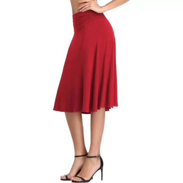 Urban CoCo Womens Ruched High Waist Knee Length Jersey ALine Stretchy Flared Casual SkirtRed