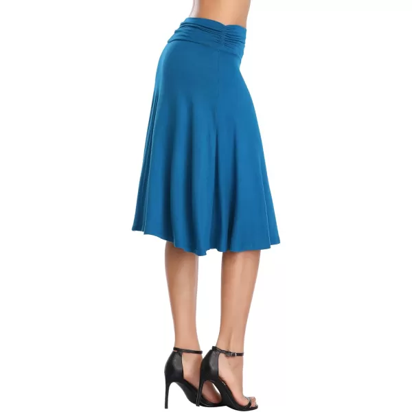 Urban CoCo Womens Ruched High Waist Knee Length Jersey ALine Stretchy Flared Casual SkirtSteel Blue