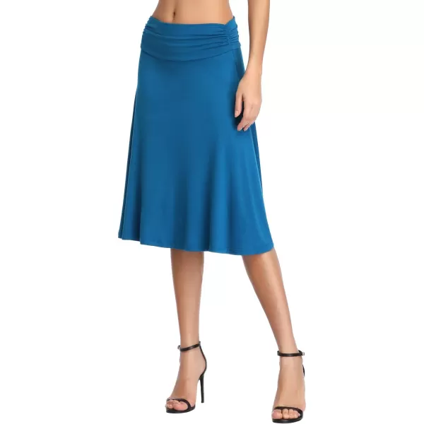 Urban CoCo Womens Ruched High Waist Knee Length Jersey ALine Stretchy Flared Casual SkirtSteel Blue