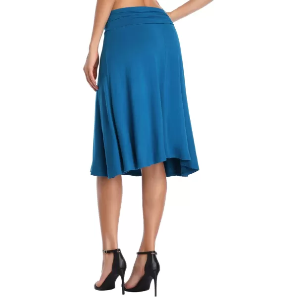 Urban CoCo Womens Ruched High Waist Knee Length Jersey ALine Stretchy Flared Casual SkirtSteel Blue
