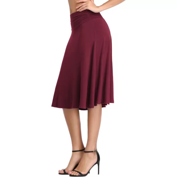 Urban CoCo Womens Ruched High Waist Knee Length Jersey ALine Stretchy Flared Casual SkirtWine Red