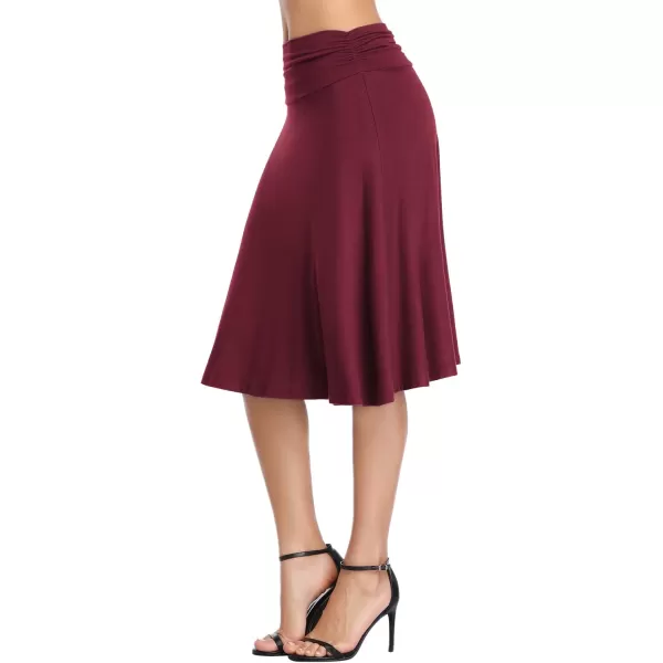 Urban CoCo Womens Ruched High Waist Knee Length Jersey ALine Stretchy Flared Casual SkirtWine Red