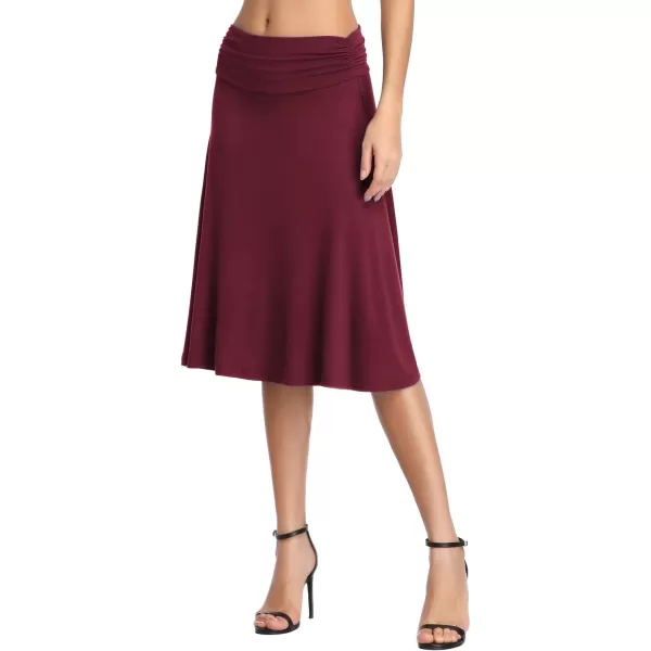 Urban CoCo Womens Ruched High Waist Knee Length Jersey ALine Stretchy Flared Casual SkirtWine Red