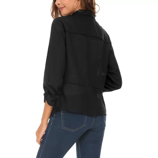 Urban CoCo Womens Ruched Sleeve Lightweight Thin Chiffon BlazerBlack