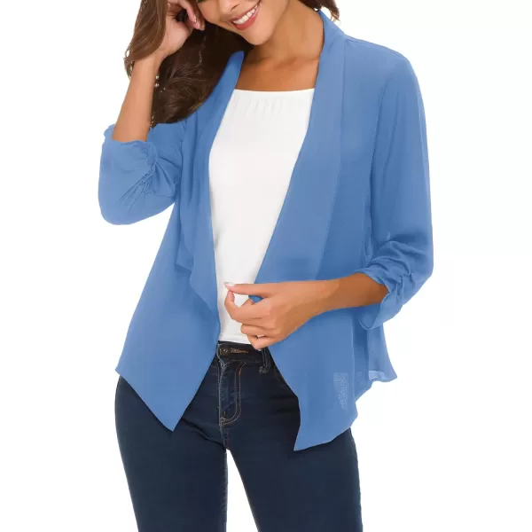 Urban CoCo Womens Ruched Sleeve Lightweight Thin Chiffon BlazerBlue