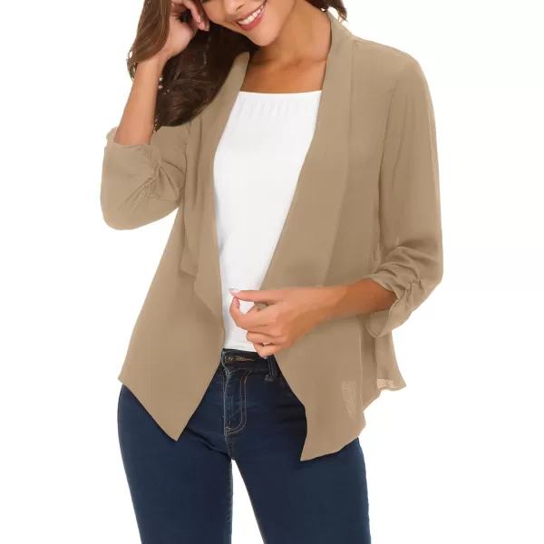 Urban CoCo Womens Ruched Sleeve Lightweight Thin Chiffon BlazerCamel