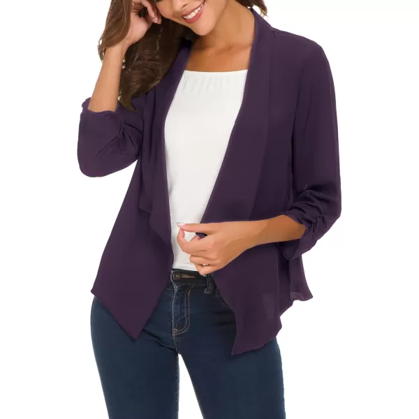Urban CoCo Womens Ruched Sleeve Lightweight Thin Chiffon BlazerPurple