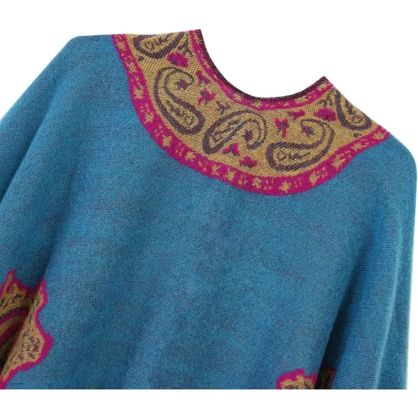 Womens Retro Style Vintage Pattern Tassel Poncho Shawl Cape Wraps For WomenSeries 2blue