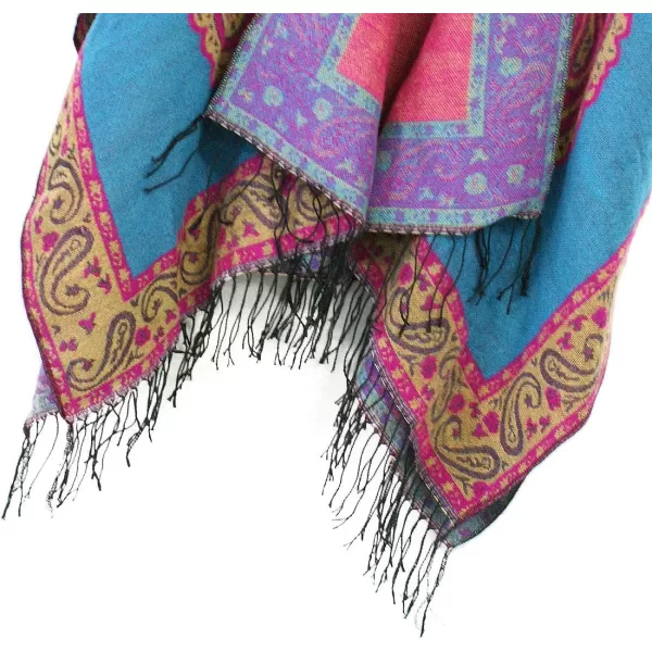 Womens Retro Style Vintage Pattern Tassel Poncho Shawl Cape Wraps For WomenSeries 2blue