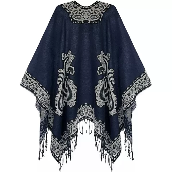 Womens Retro Style Vintage Pattern Tassel Poncho Shawl Cape Wraps For WomenSeries 2navy Blue