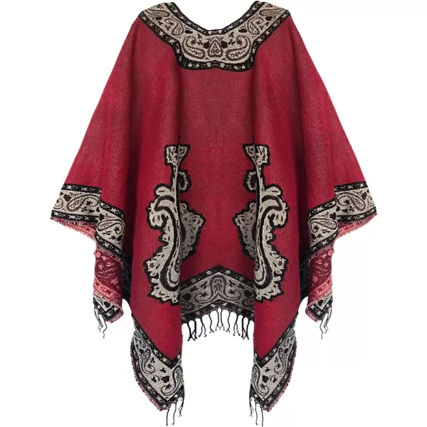 Womens Retro Style Vintage Pattern Tassel Poncho Shawl Cape Wraps For WomenSeries 2wine Red