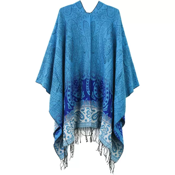 Womens Retro Style Vintage Pattern Tassel Poncho Shawl Cape Wraps For WomenSeries 4blue
