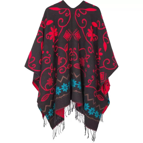 Womens Retro Style Vintage Pattern Tassel Poncho Shawl Cape Wraps For WomenSeries1black