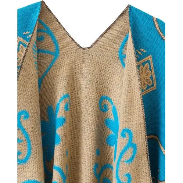 Womens Retro Style Vintage Pattern Tassel Poncho Shawl Cape Wraps For WomenSeries1blue