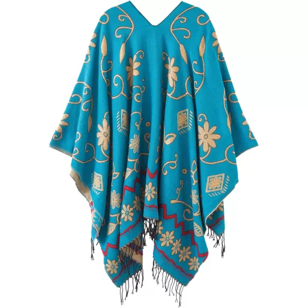 Womens Retro Style Vintage Pattern Tassel Poncho Shawl Cape Wraps For WomenSeries1blue