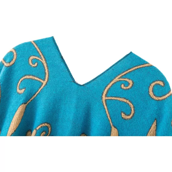 Womens Retro Style Vintage Pattern Tassel Poncho Shawl Cape Wraps For WomenSeries1blue