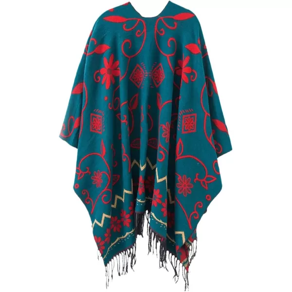 Womens Retro Style Vintage Pattern Tassel Poncho Shawl Cape Wraps For WomenSeries1dark Green