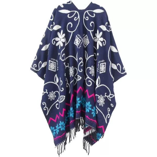 Womens Retro Style Vintage Pattern Tassel Poncho Shawl Cape Wraps For WomenSeries1navy Blue