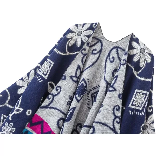 Womens Retro Style Vintage Pattern Tassel Poncho Shawl Cape Wraps For WomenSeries1navy Blue