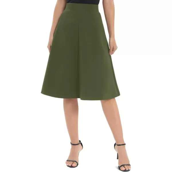 Urban CoCo Womens ALine Elastic High Waist Flare Work Midi Knee Length Stretchy SkirtArmy Green