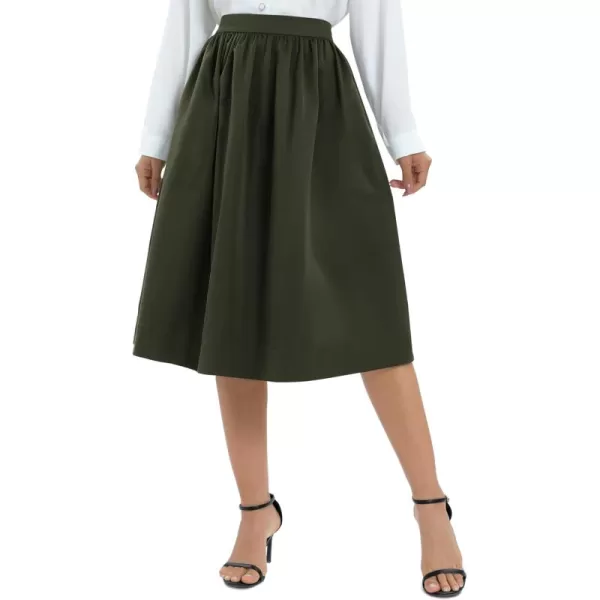 Urban CoCo Womens Casual Elastic Waist Vintage ALine Pleated Flared Midi Skirt with PocketsArmy Green