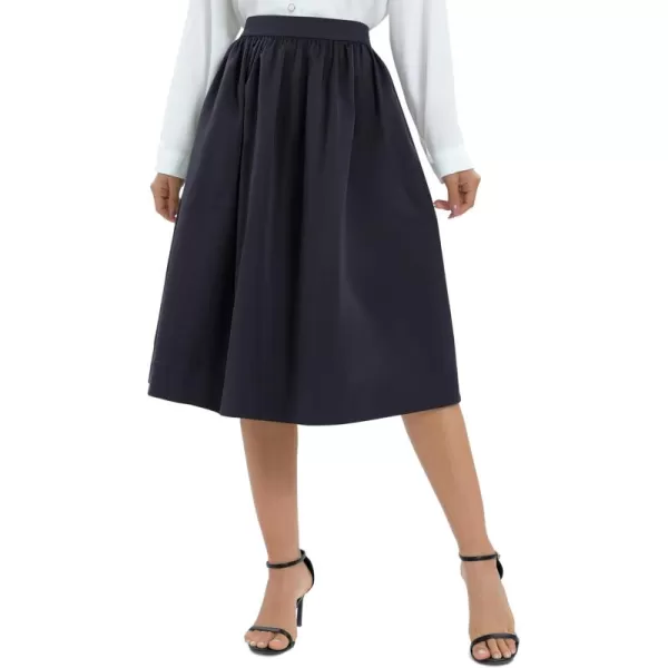 Urban CoCo Womens Casual Elastic Waist Vintage ALine Pleated Flared Midi Skirt with PocketsNavy Blue