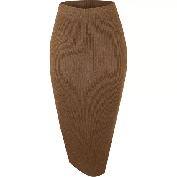 Urban CoCo Womens Elastic Waist Knitted Split Tube Pencil Midi SkirtBrown