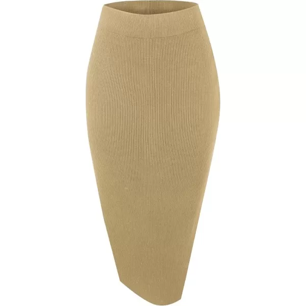 Urban CoCo Womens Elastic Waist Knitted Split Tube Pencil Midi SkirtCamel