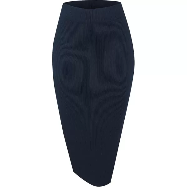 Urban CoCo Womens Elastic Waist Knitted Split Tube Pencil Midi SkirtNavy Blue