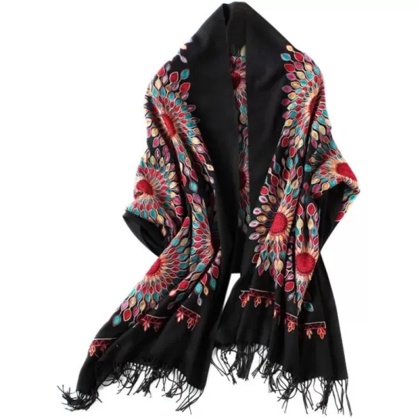 Urban CoCo Womens Embroidered Oversize Tassel Shawl Scarf Wraps for WomenBlack