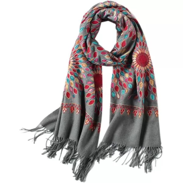 Urban CoCo Womens Embroidered Oversize Tassel Shawl Scarf Wraps for WomenGray