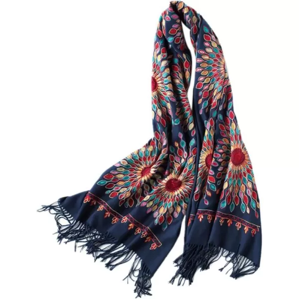 Urban CoCo Womens Embroidered Oversize Tassel Shawl Scarf Wraps for WomenNavy Blue