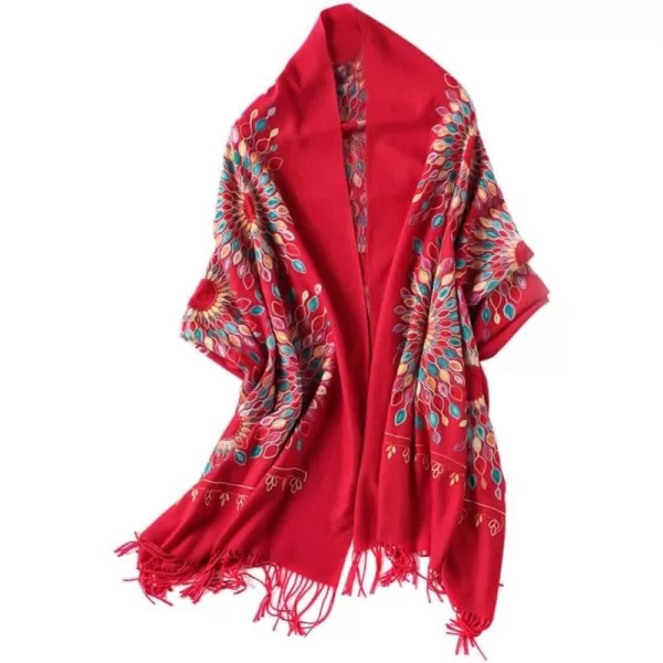 Urban CoCo Womens Embroidered Oversize Tassel Shawl Scarf Wraps for WomenRed