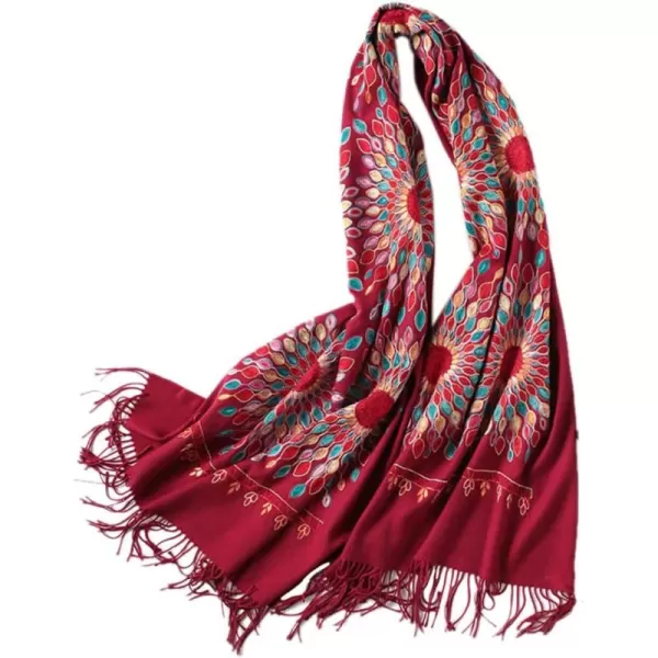 Urban CoCo Womens Embroidered Oversize Tassel Shawl Scarf Wraps for WomenWine Red